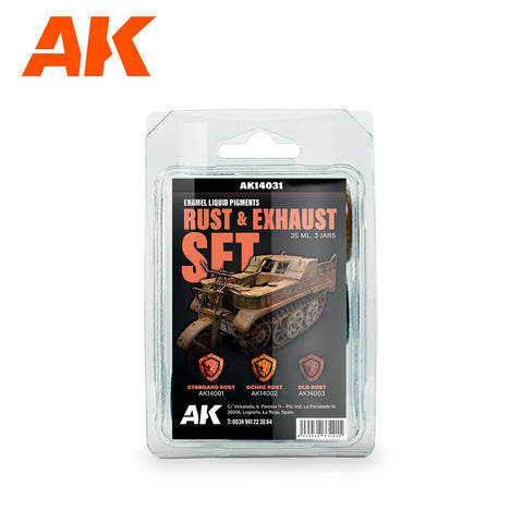 A Ak Enamel Liquid Pigments Rust & Exhaust Set priced at $22.99 available from Echelon Hobbies