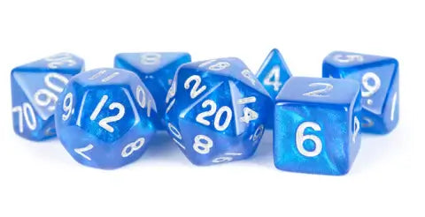 A ACRYLIC 7 DICE SET STARDUST BLUE W/SILVER 16MM priced at $12.99 available from Echelon Hobbies