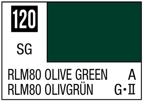 A Mr. Color 120 - RLM80 Olive Green - 10ml priced at $3.99 available from Echelon Hobbies