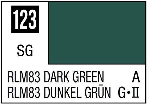 A Mr. Color 123 - RLM83 Dark Green - 10ml priced at $3.99 available from Echelon Hobbies