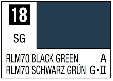 A Mr. Color 18 - RLM70 Black Green - 10ml priced at $3.99 available from Echelon Hobbies