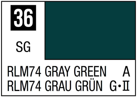 A Mr. Color 36 - RLM74 Gray Green - 10ml priced at $3.99 available from Echelon Hobbies